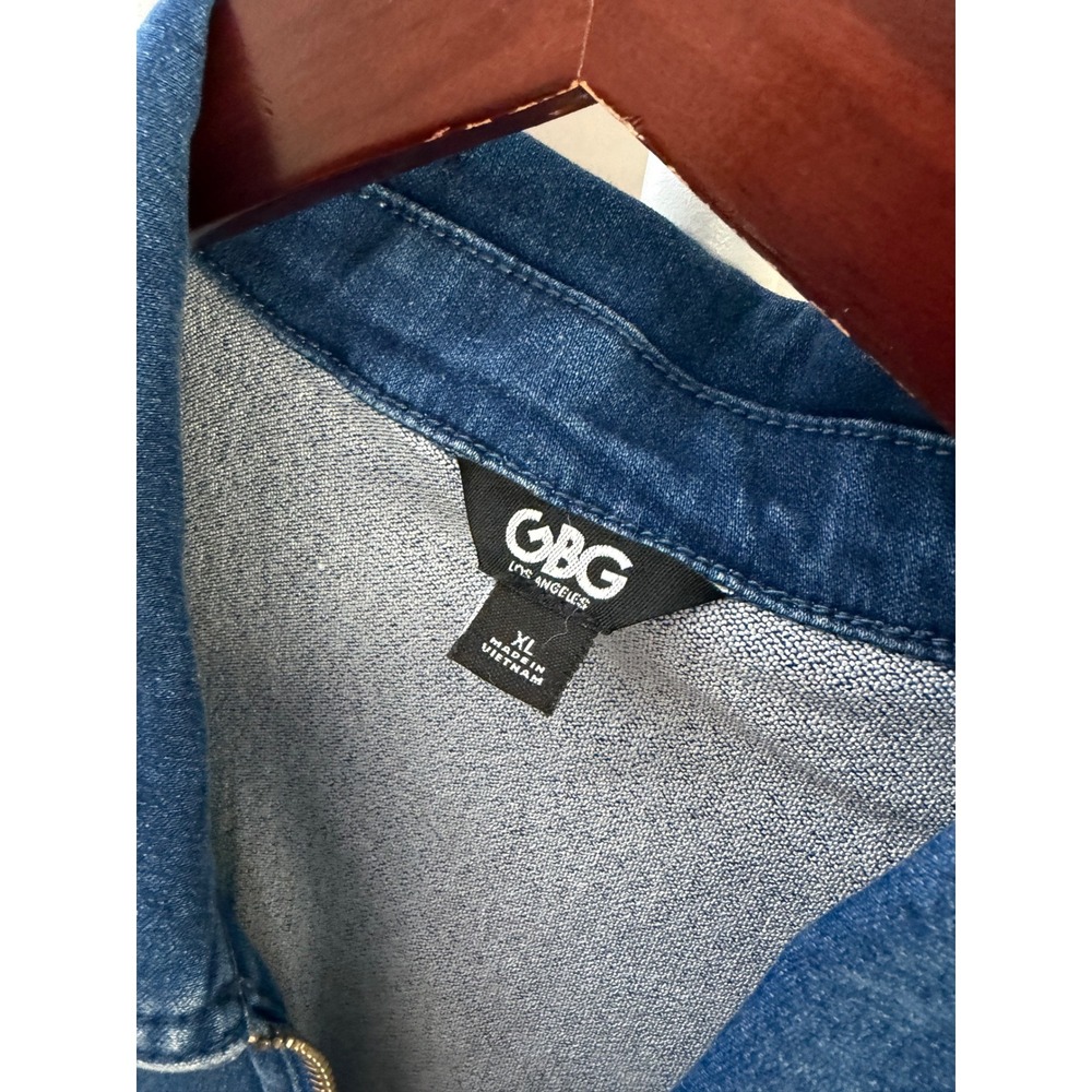 GBG Los Angeles Denim Mini Dress Blue Short Sleeve Full Zip Sheath XL - Picture 2 of 3